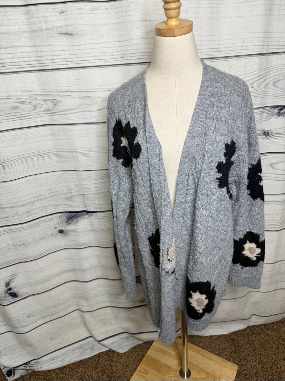 Gray Floral Open-Front Knit Cardigan Sweater